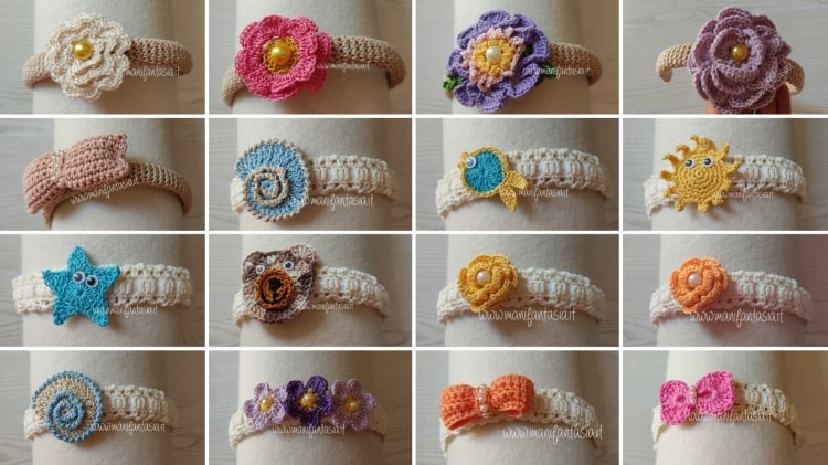 Cerchietto per capelli con fiori accessori moda bambina fatto a mano  all'uncinetto in cotone di vari colori